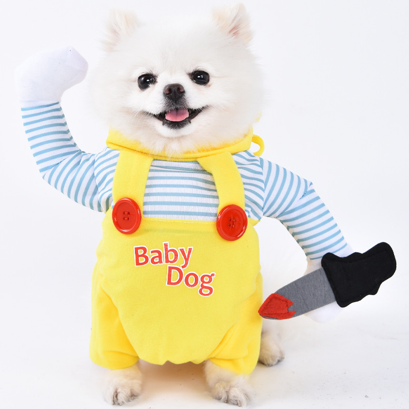Killer Doll Style Dog Costume Striped Shirt with Overalls and Knife Accessory